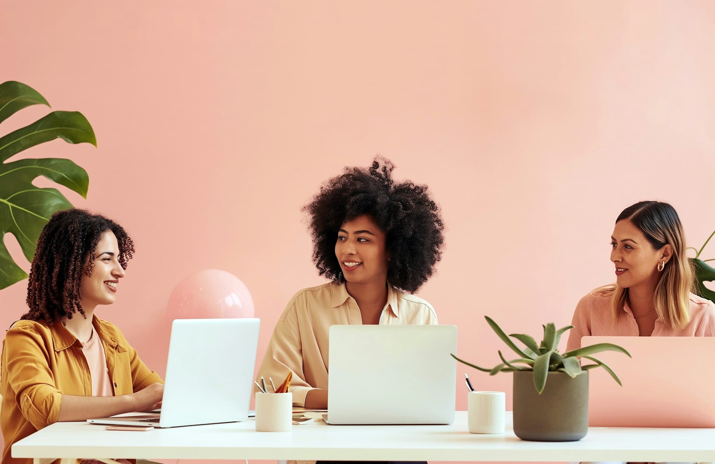 Two women sitting next to each other at a table with laptops, collaborating at work.